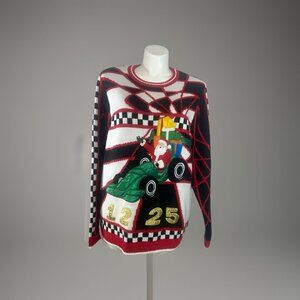 Jolly sweater Ugly Christmas Crew Neck Womens XL Race car Santa Red black white